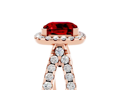 Rose gold Cushion Cut Ruby Halo Ring with Split Shank Pavé Band and Prong Setting_5