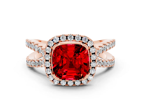 Rose gold Cushion Cut Ruby Halo Ring with Split Shank Pavé Band and Prong Setting