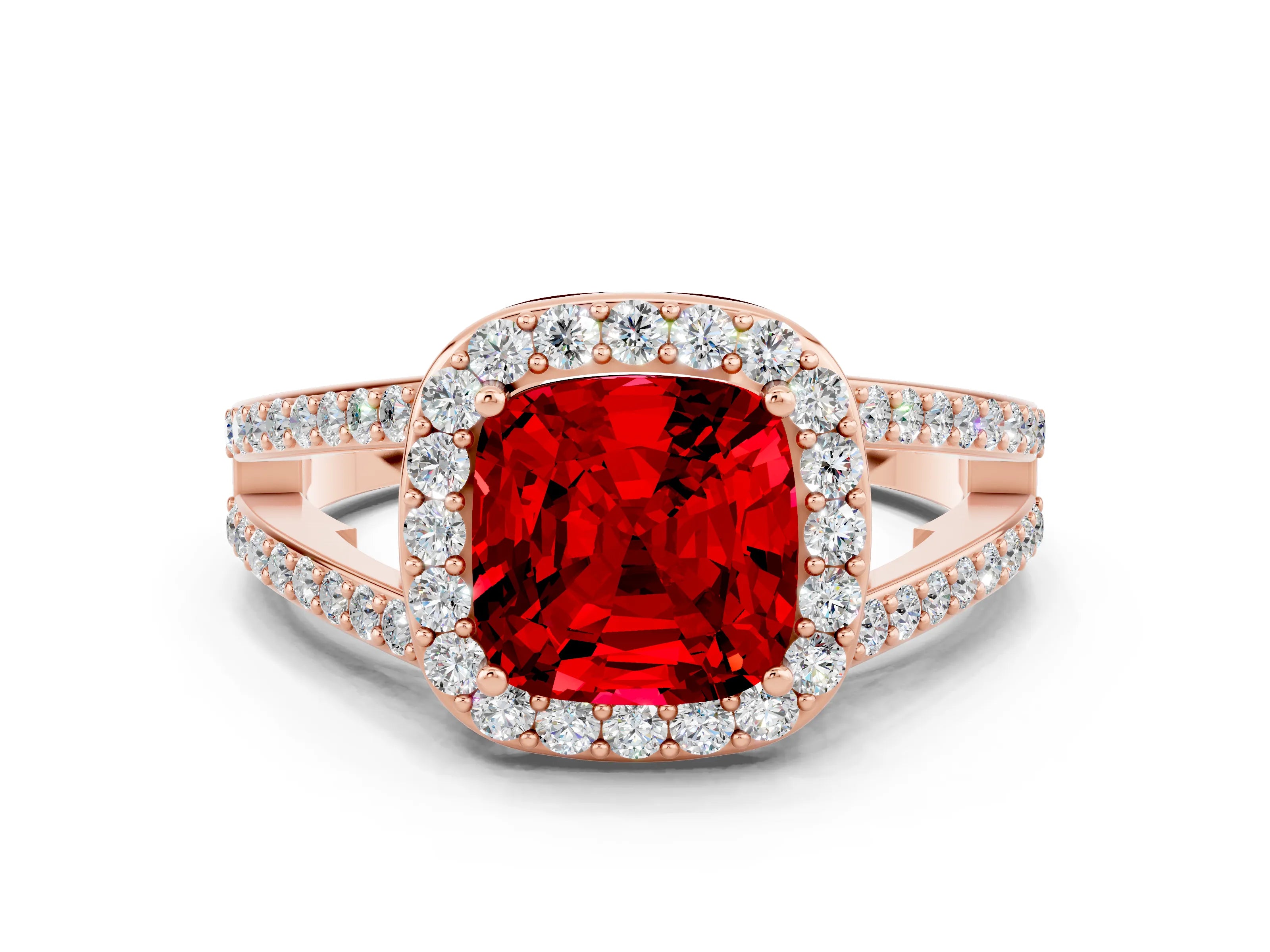 Rose gold Cushion Cut Ruby Halo Ring with Split Shank U-Prong Band and Four-Prong Setting