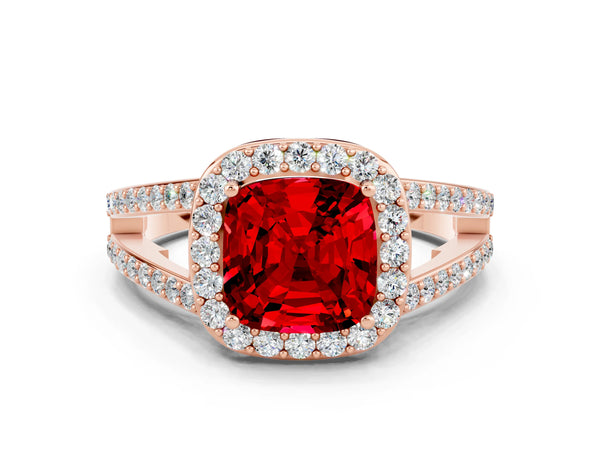Rose gold Cushion Cut Ruby Halo Ring with Split Shank U-Prong Band and Four-Prong Setting