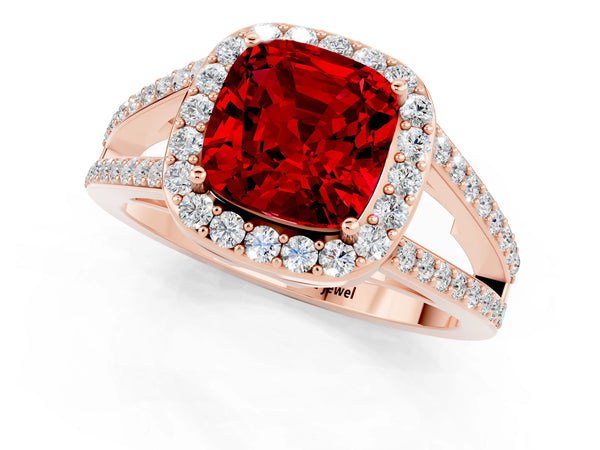 Rose gold Cushion Cut Ruby Halo Ring with Split Shank U-Prong Band and Four-Prong Setting