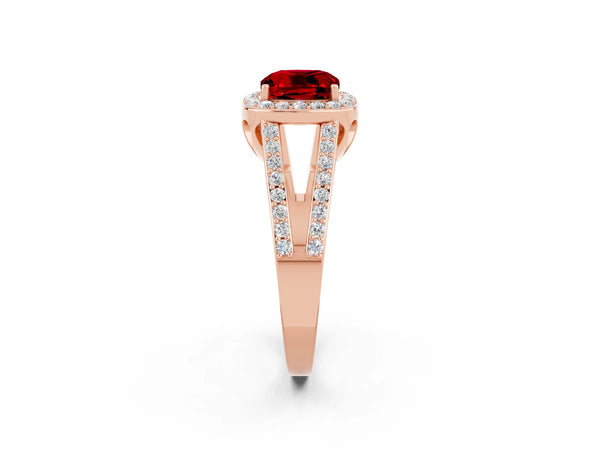 Rose gold Cushion Cut Ruby Halo Ring with Split Shank U-Prong Band and Four-Prong Setting