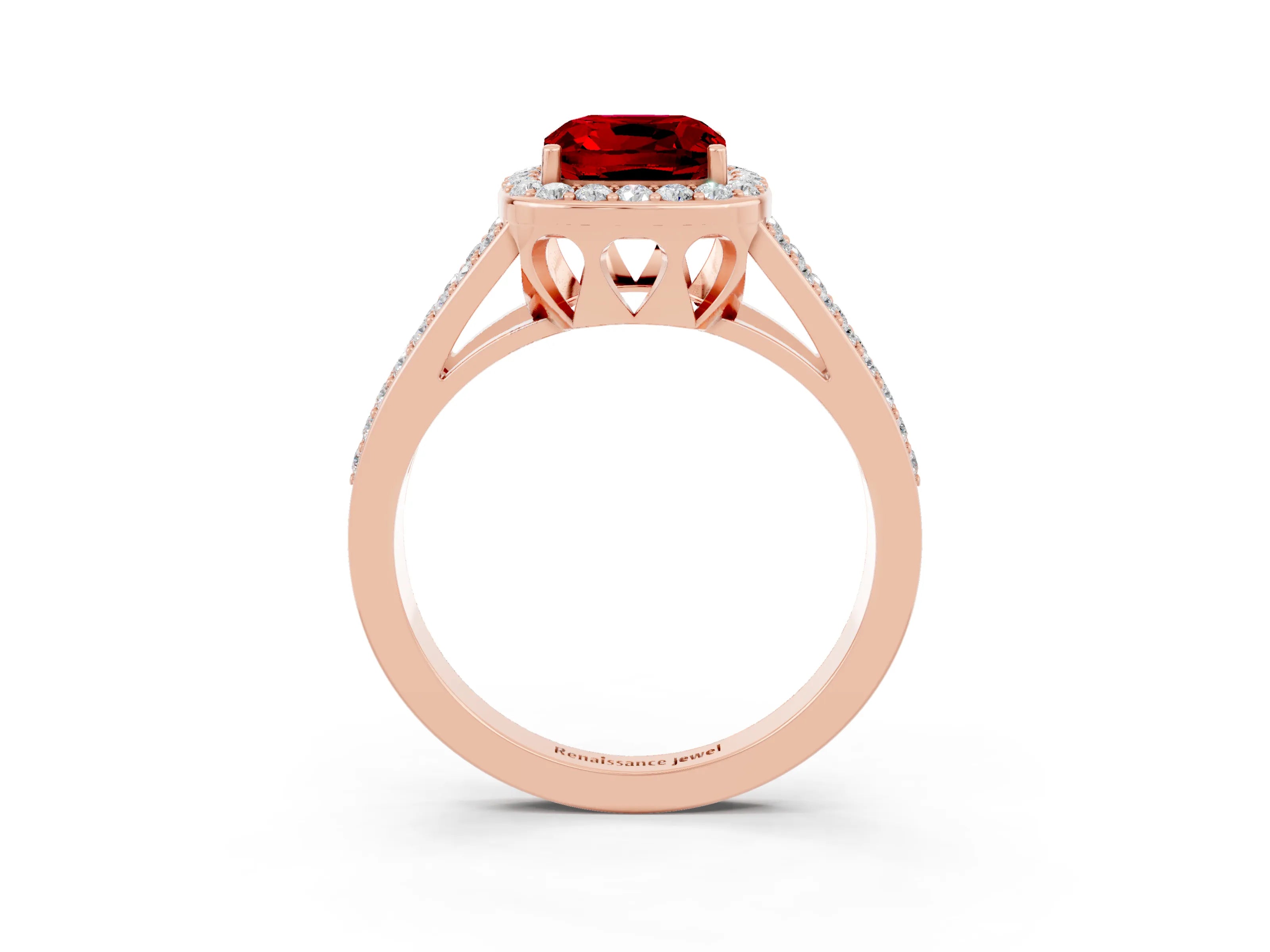 Rose gold Cushion Cut Ruby Halo Ring with Split Shank U-Prong Band and Four-Prong Setting_3