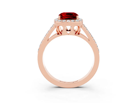 Rose gold Cushion Cut Ruby Halo Ring with Split Shank U-Prong Band and Four-Prong Setting_3
