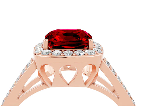Rose gold Cushion Cut Ruby Halo Ring with Split Shank U-Prong Band and Four-Prong Setting_4