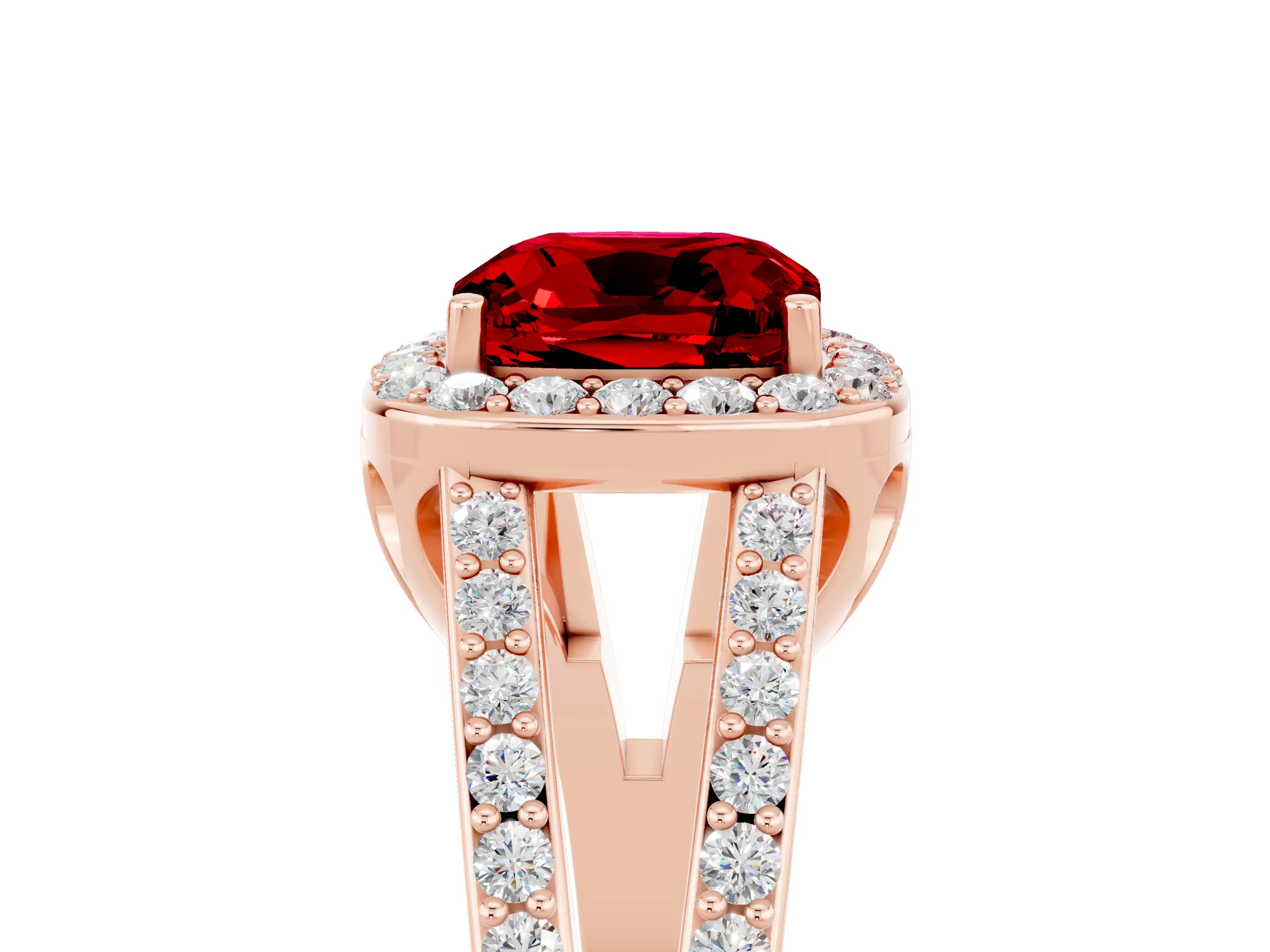 Rose gold Cushion Cut Ruby Halo Ring with Split Shank U-Prong Band and Four-Prong Setting_5