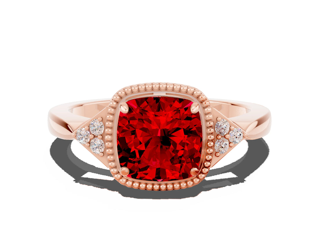 Rose gold Cushion Cut Ruby Halo Ring with Tapered Band and Four-Prong Setting