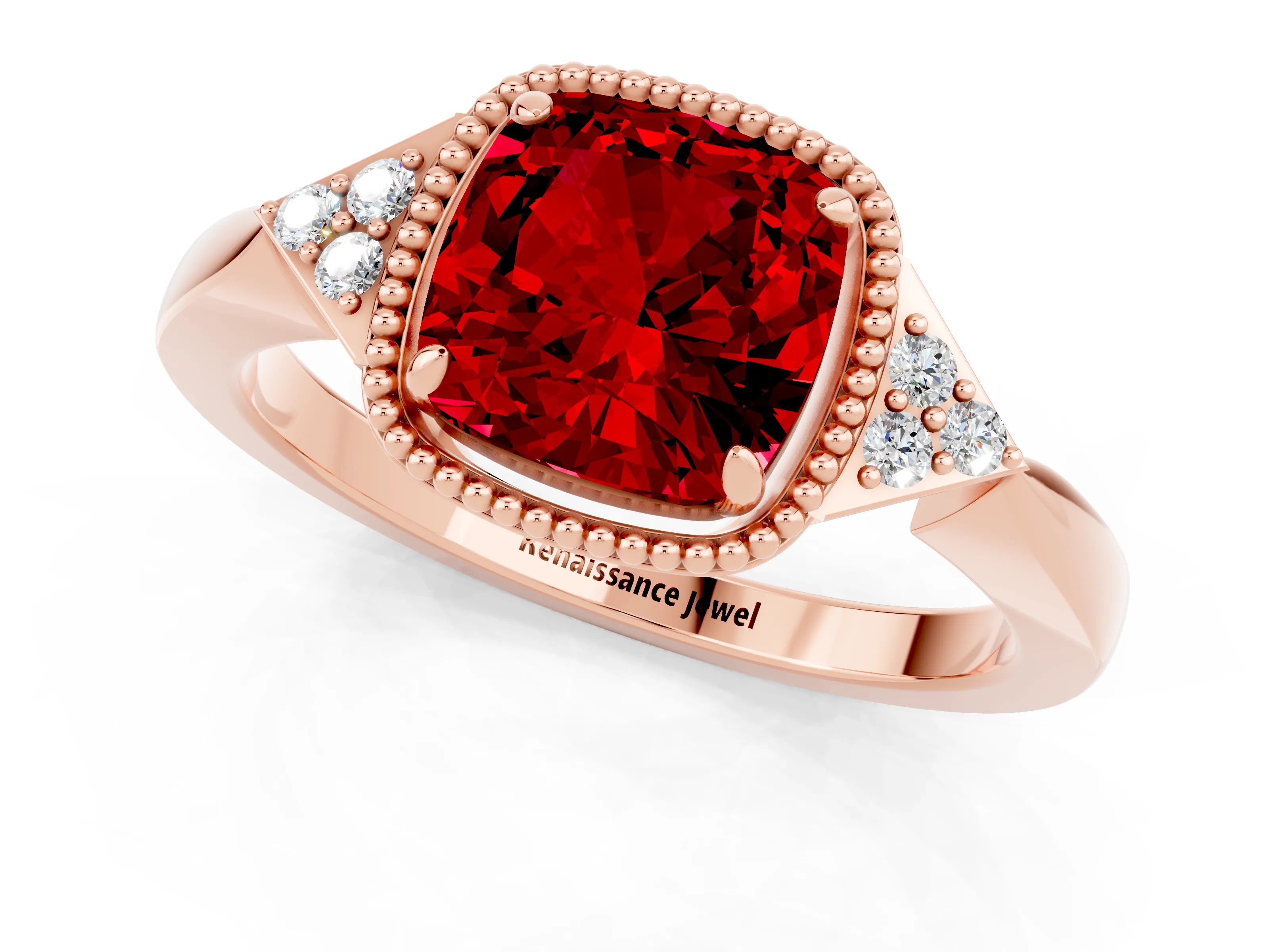Rose gold Cushion Cut Ruby Halo Ring with Tapered Band and Four-Prong Setting_1