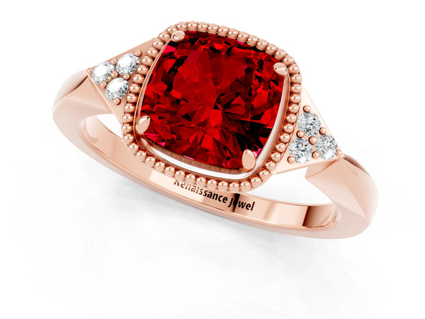 Rose gold Cushion Cut Ruby Halo Ring with Tapered Band and Four-Prong Setting