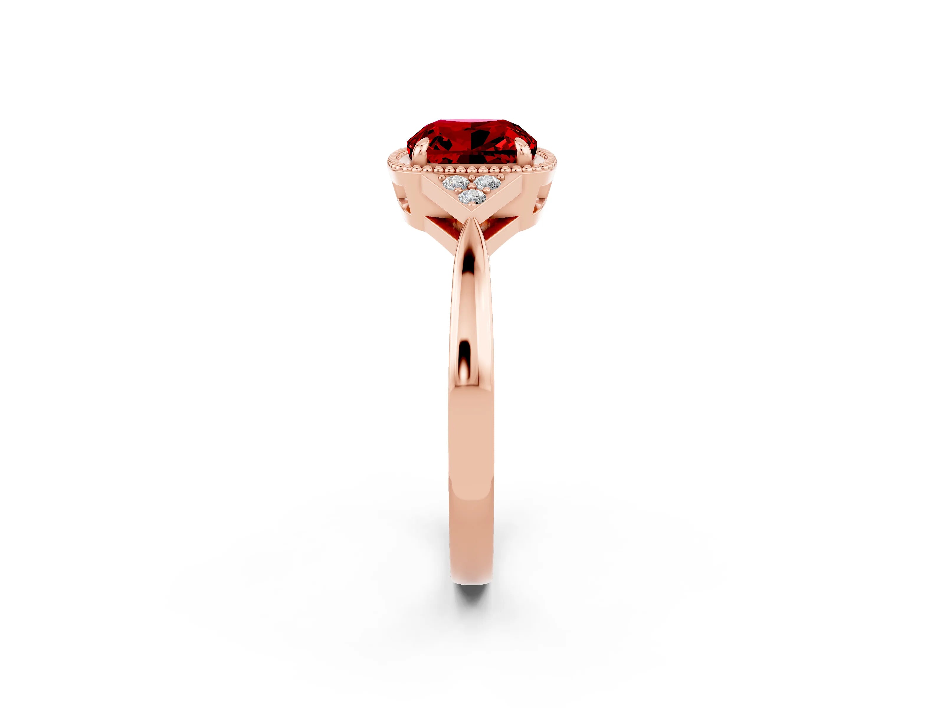 Rose gold Cushion Cut Ruby Halo Ring with Tapered Band and Four-Prong Setting_2