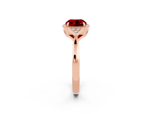 Rose gold Cushion Cut Ruby Halo Ring with Tapered Band and Four-Prong Setting