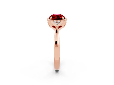 Rose gold Cushion Cut Ruby Halo Ring with Tapered Band and Four-Prong Setting_2