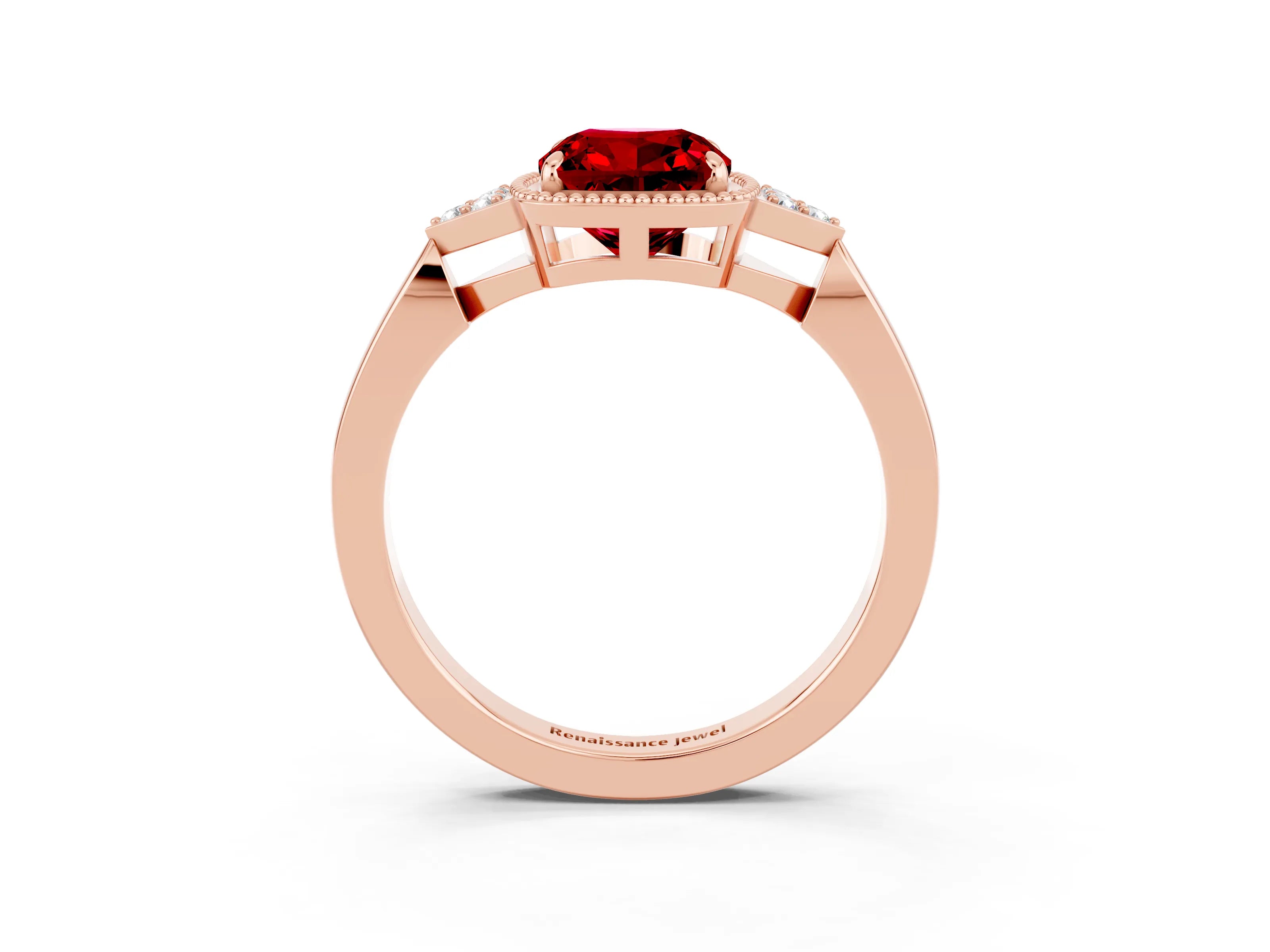Rose gold Cushion Cut Ruby Halo Ring with Tapered Band and Four-Prong Setting_3