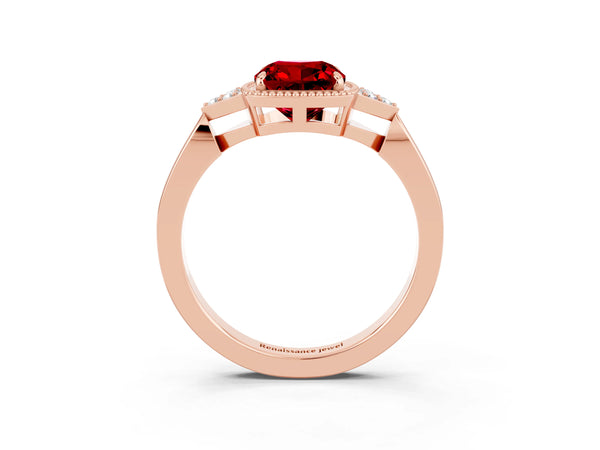 Rose gold Cushion Cut Ruby Halo Ring with Tapered Band and Four-Prong Setting