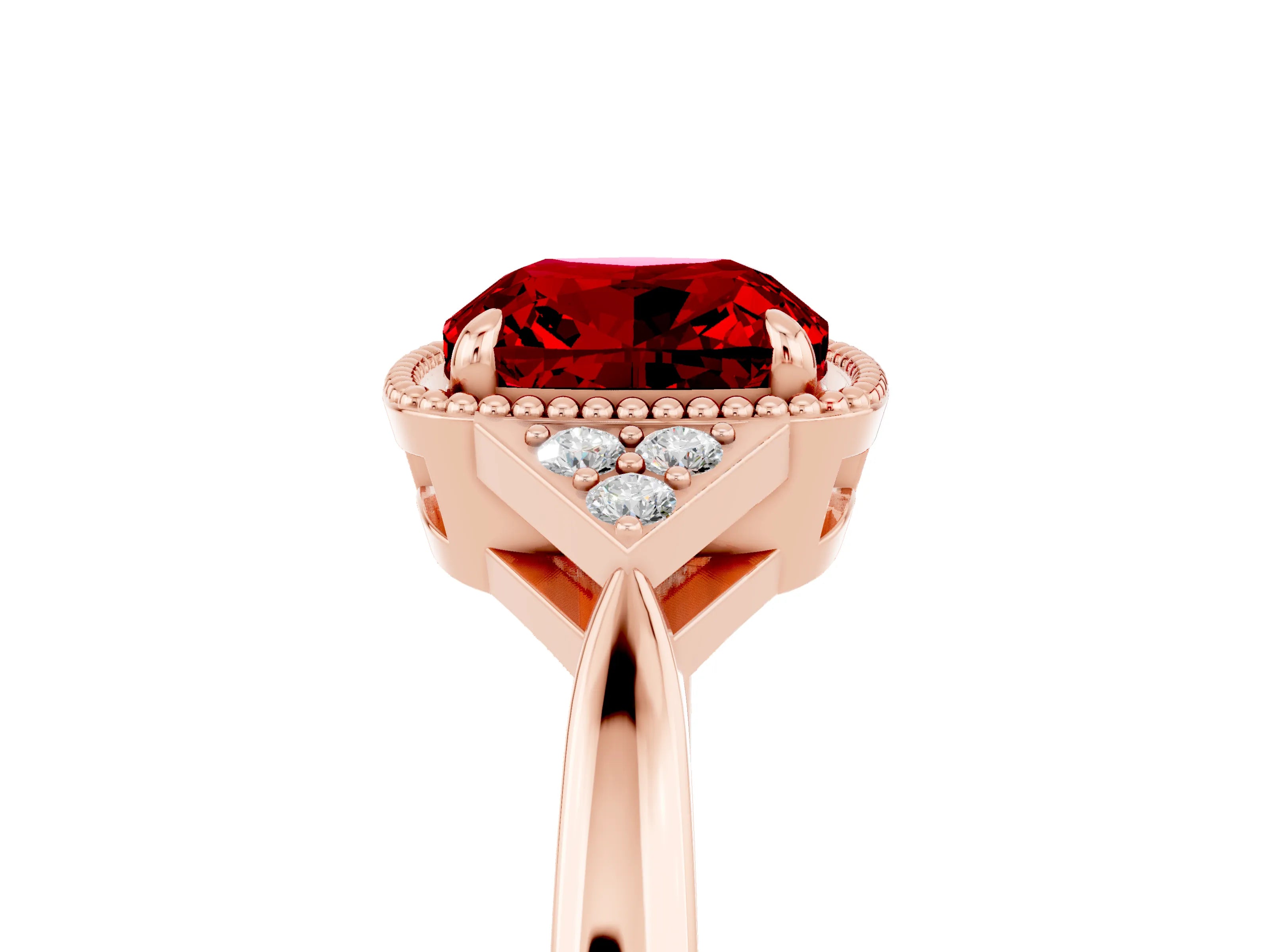 Rose gold Cushion Cut Ruby Halo Ring with Tapered Band and Four-Prong Setting_5