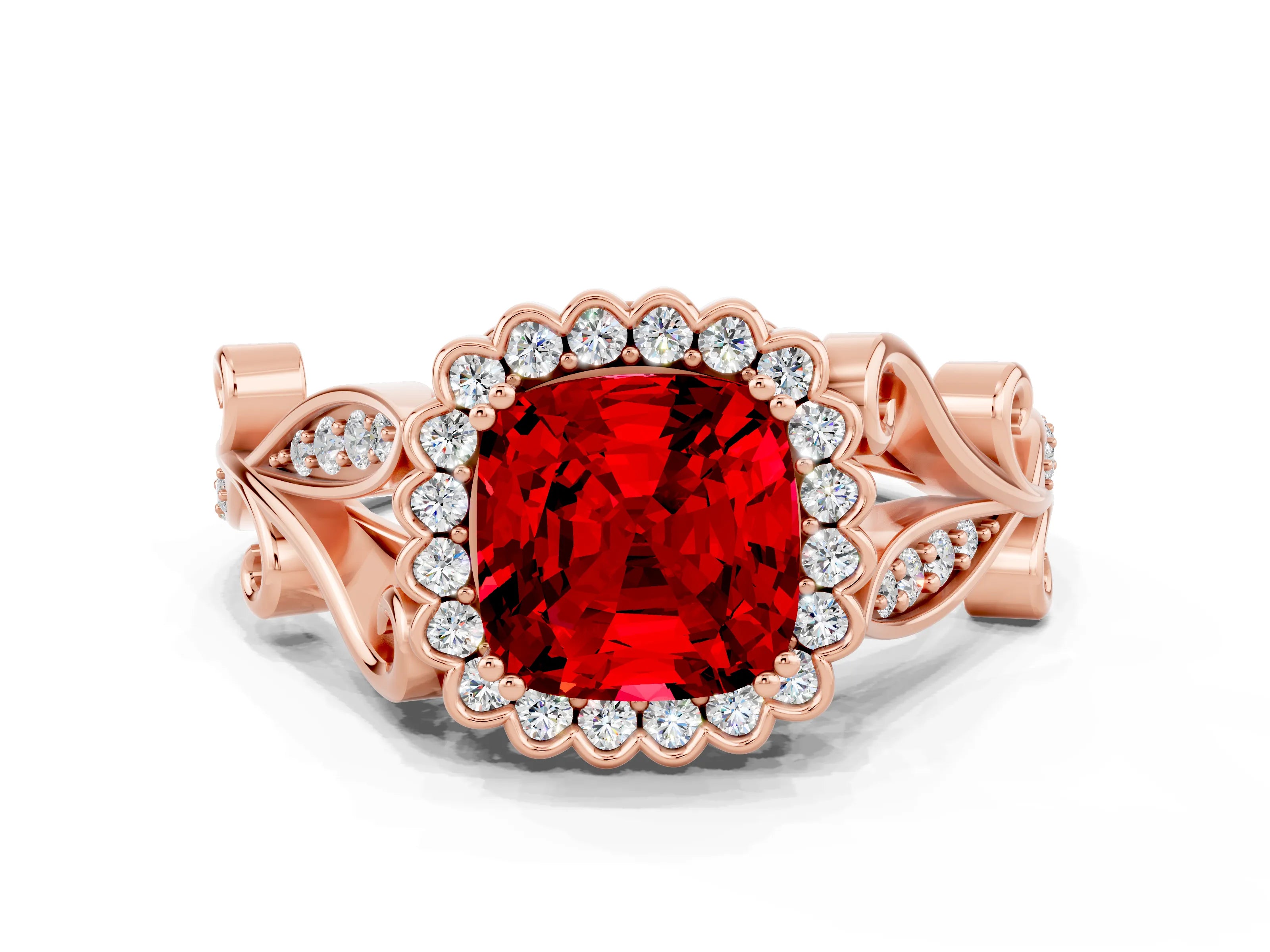 Rose gold Cushion Cut Ruby Halo Ring with Vintage Split Shank and Four-Prong Setting