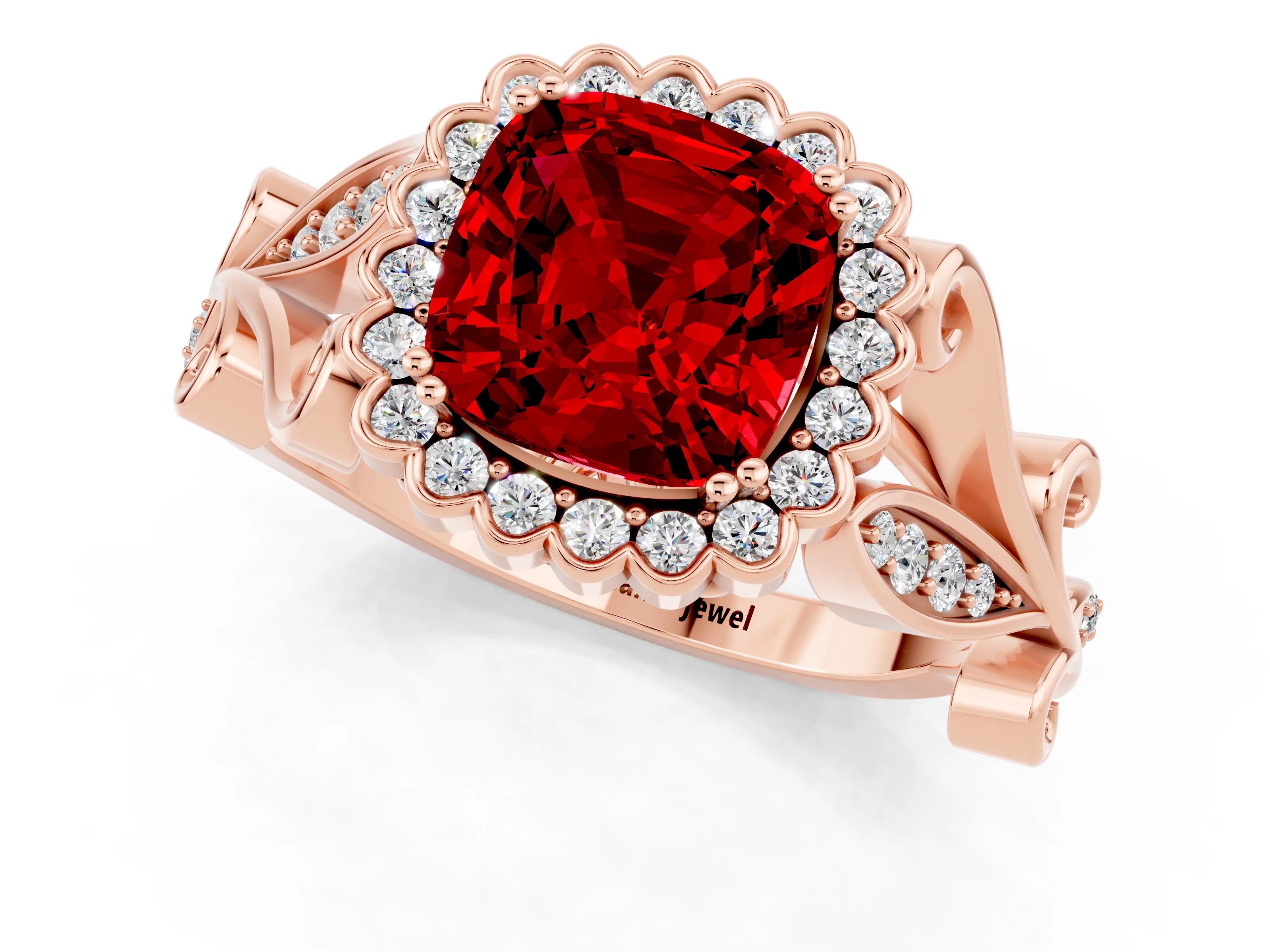 Rose gold Cushion Cut Ruby Halo Ring with Vintage Split Shank and Four-Prong Setting_1