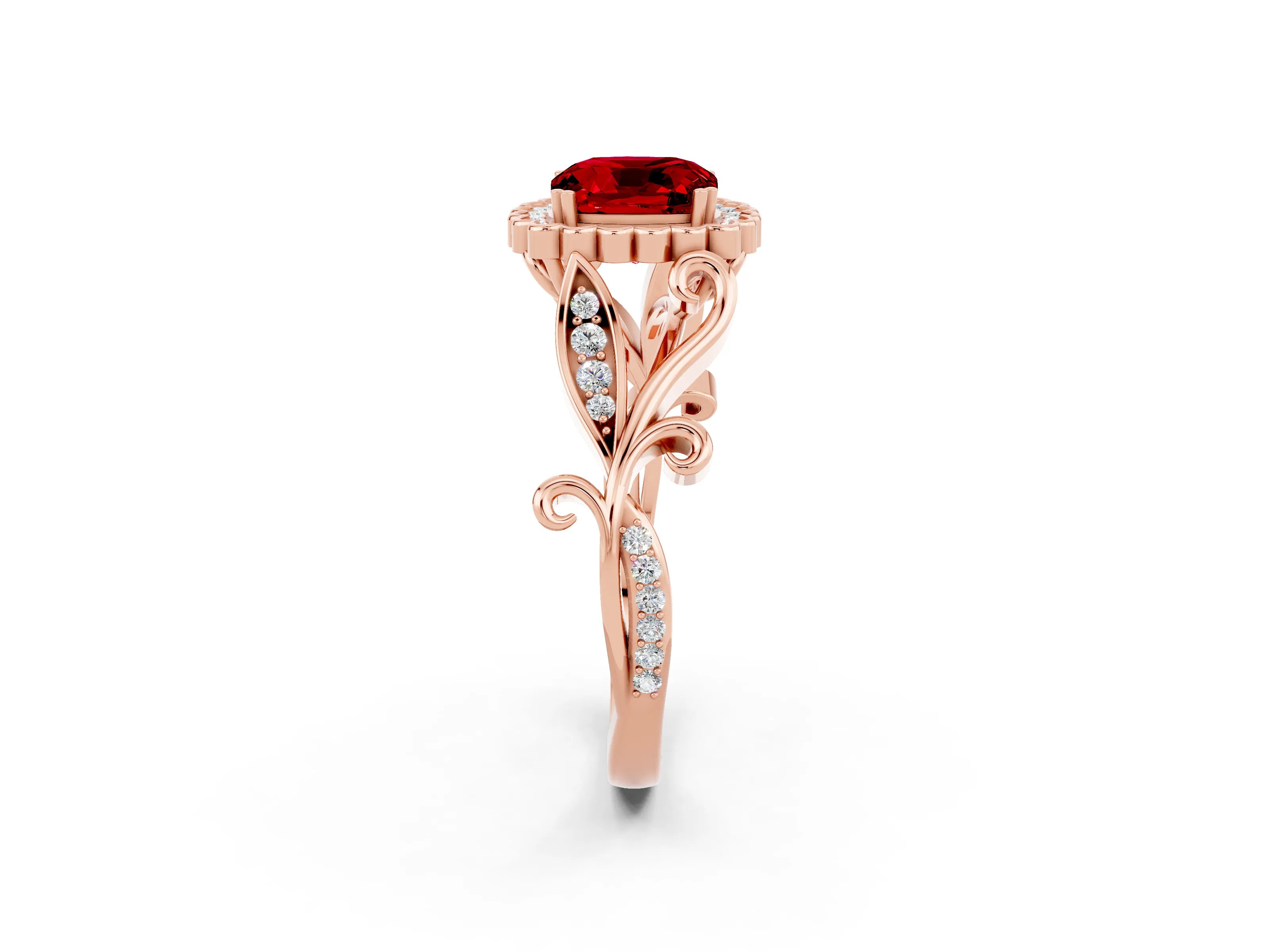 Rose gold Cushion Cut Ruby Halo Ring with Vintage Split Shank and Four-Prong Setting_2