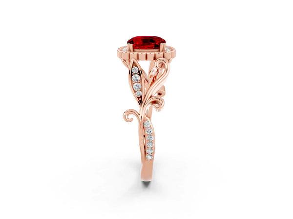 Rose gold Cushion Cut Ruby Halo Ring with Vintage Split Shank and Four-Prong Setting