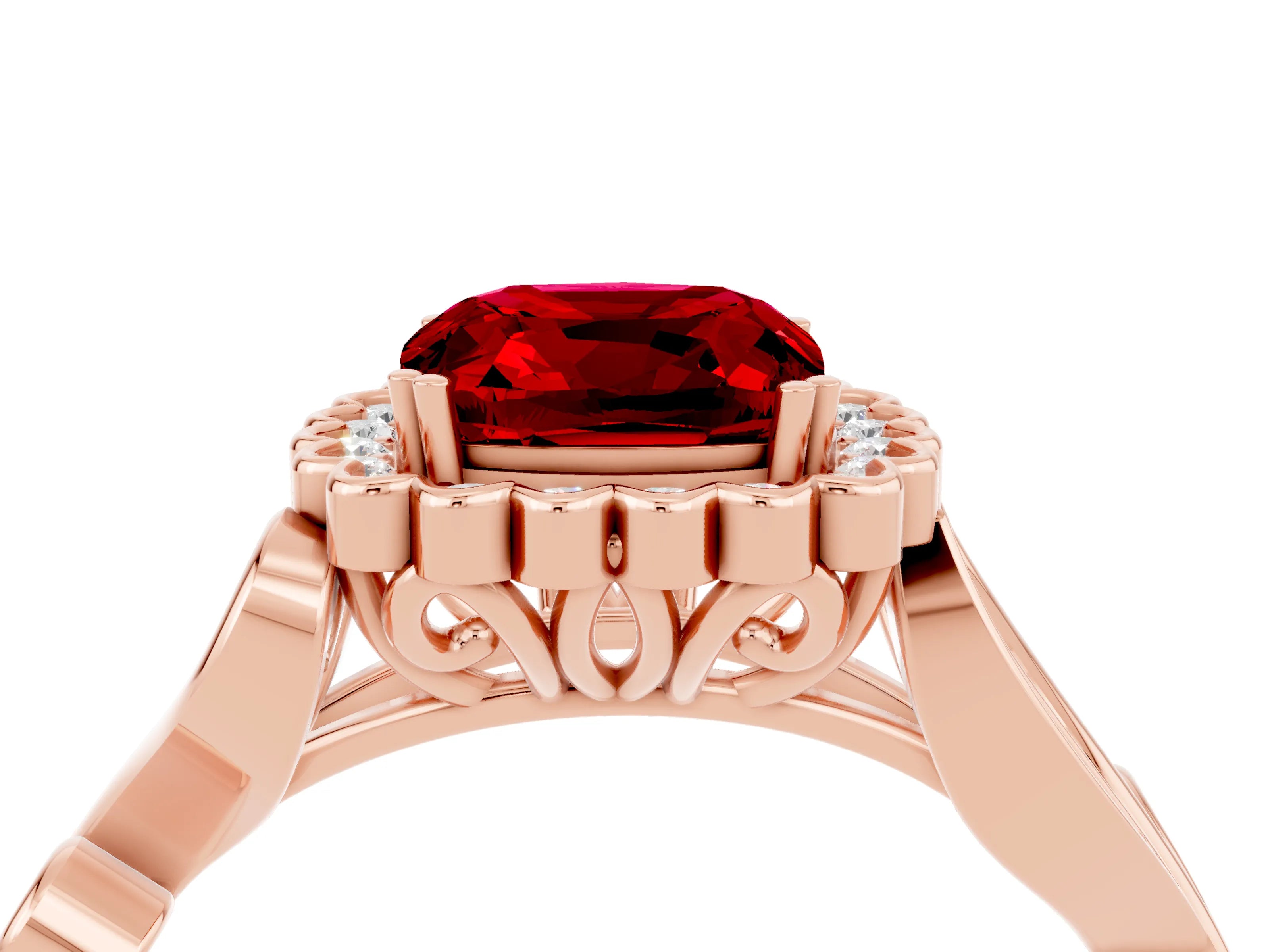 Rose gold Cushion Cut Ruby Halo Ring with Vintage Split Shank and Four-Prong Setting_4