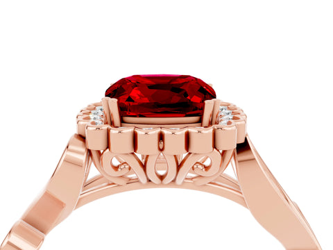 Rose gold Cushion Cut Ruby Halo Ring with Vintage Split Shank and Four-Prong Setting_4