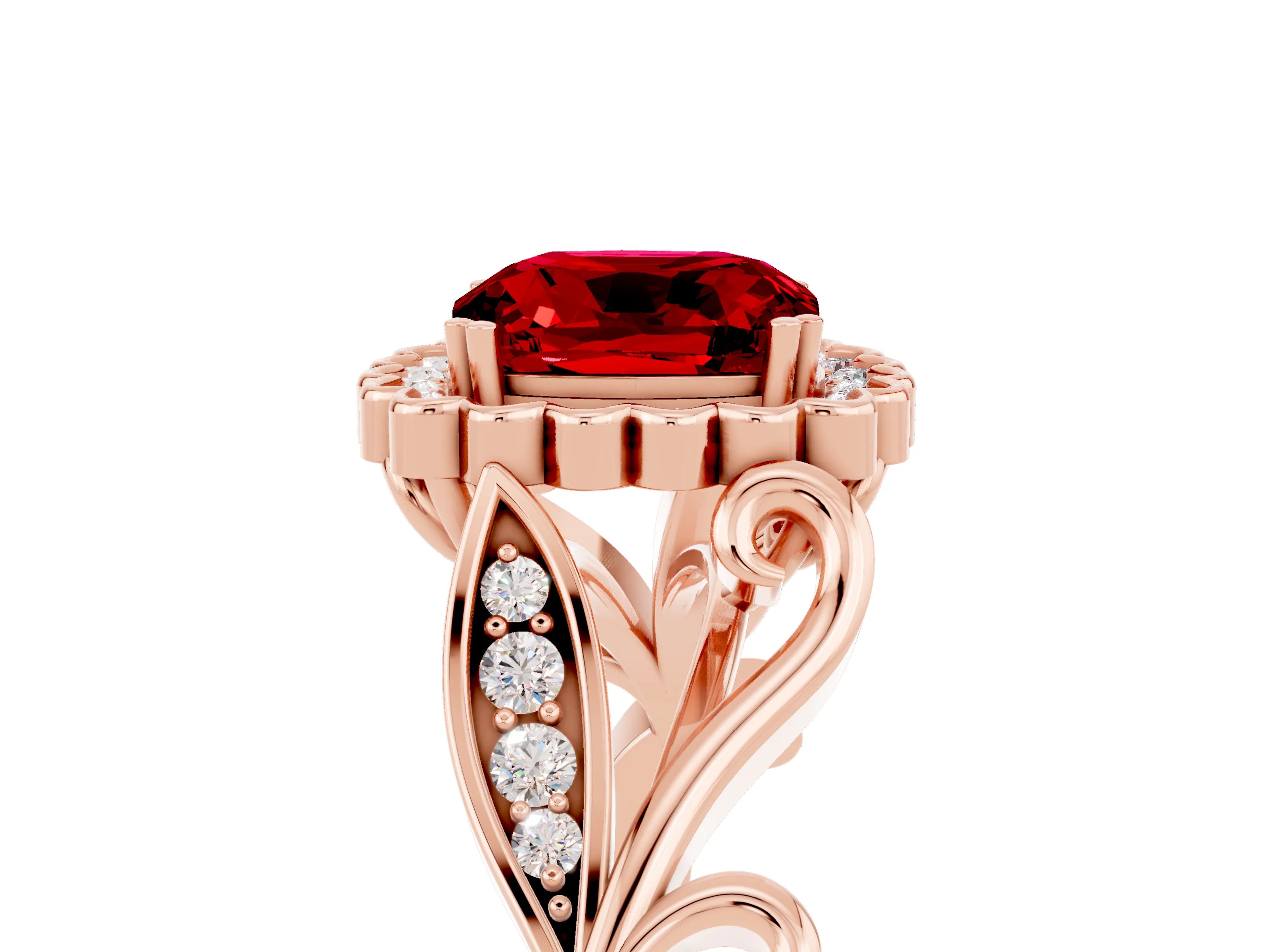 Rose gold Cushion Cut Ruby Halo Ring with Vintage Split Shank and Four-Prong Setting_5