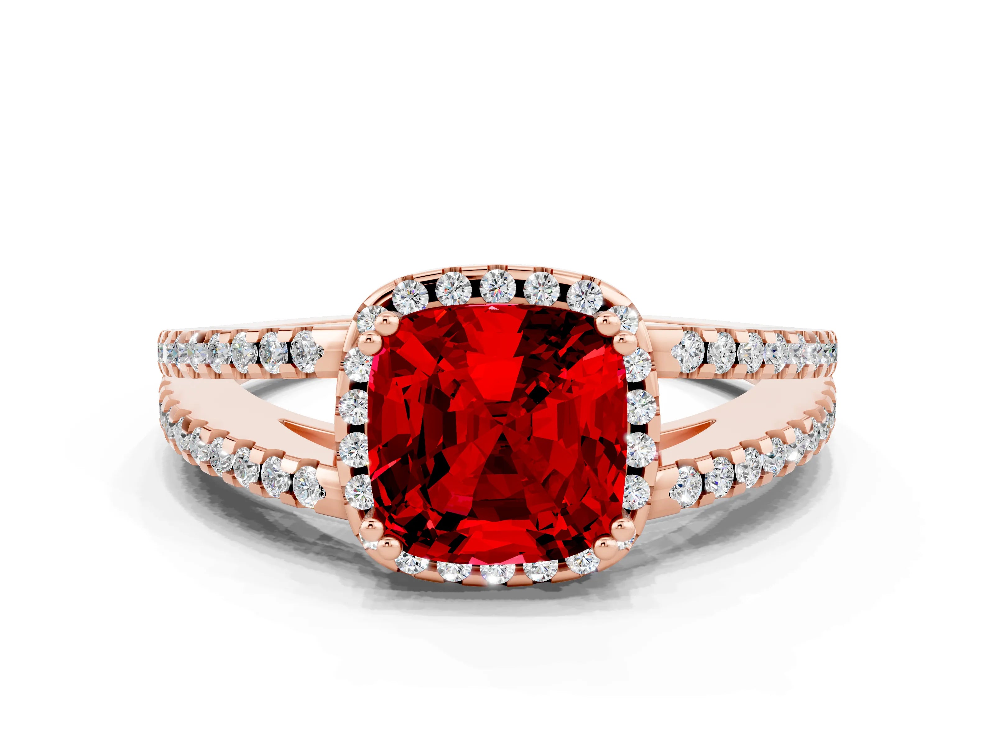 Rose gold Cushion Cut Ruby Halo Split Shank Engagement Ring_12