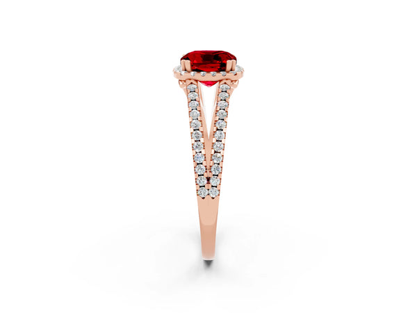 Rose gold Cushion Cut Ruby Halo Split Shank Engagement Ring