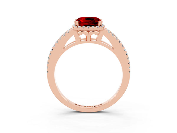 Rose gold Cushion Cut Ruby Halo Split Shank Engagement Ring
