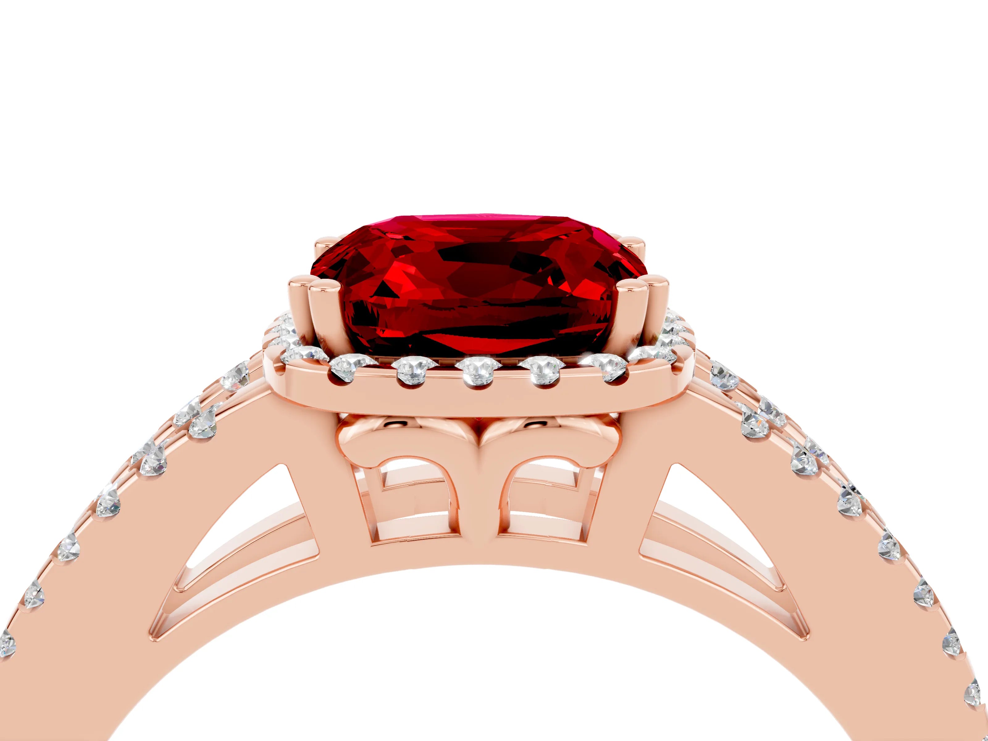Rose gold Cushion Cut Ruby Halo Split Shank Engagement Ring_16