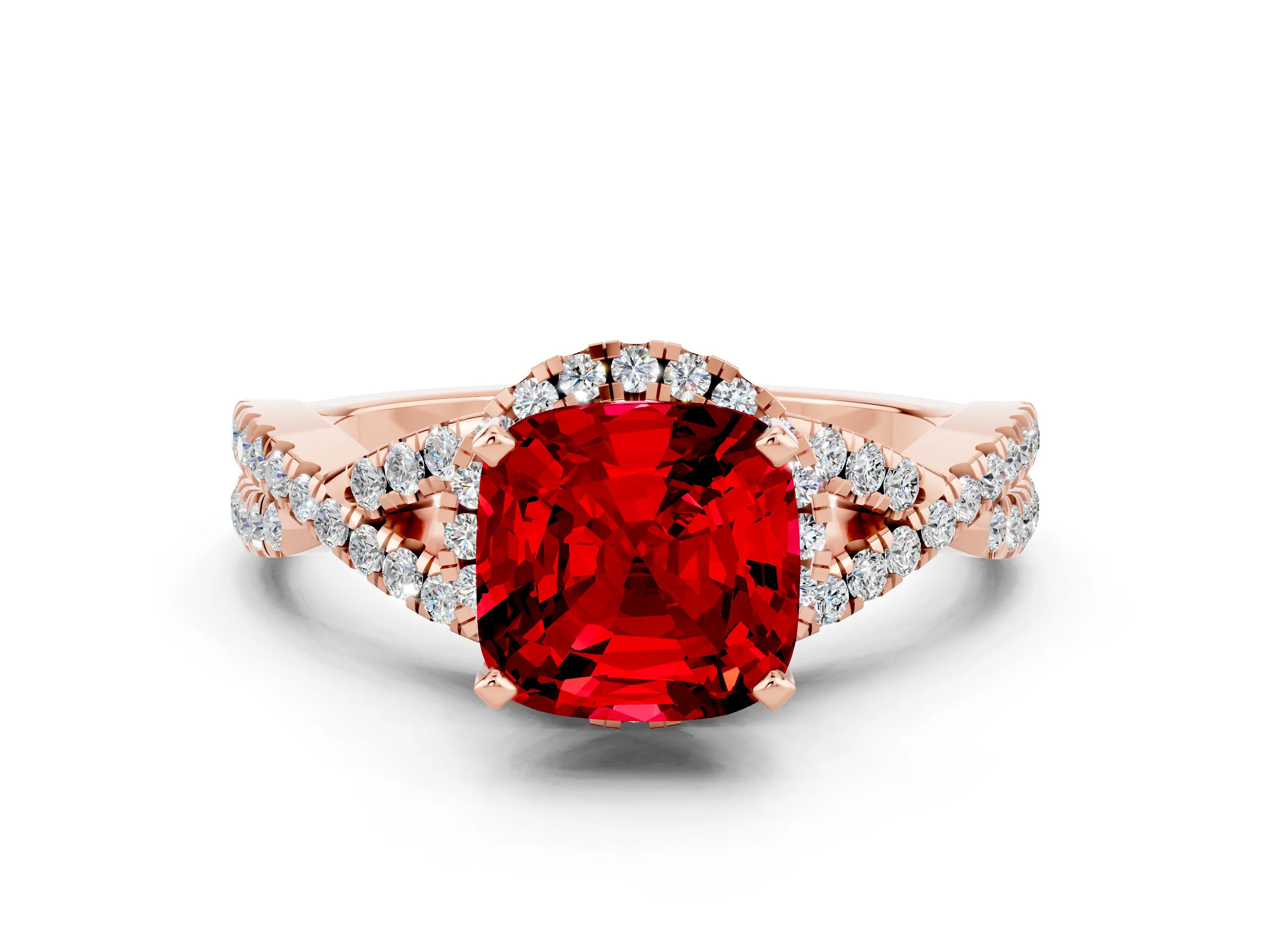 Rose gold Cushion Cut Ruby Halo Twist Band Solitaire Prong Setting Ring