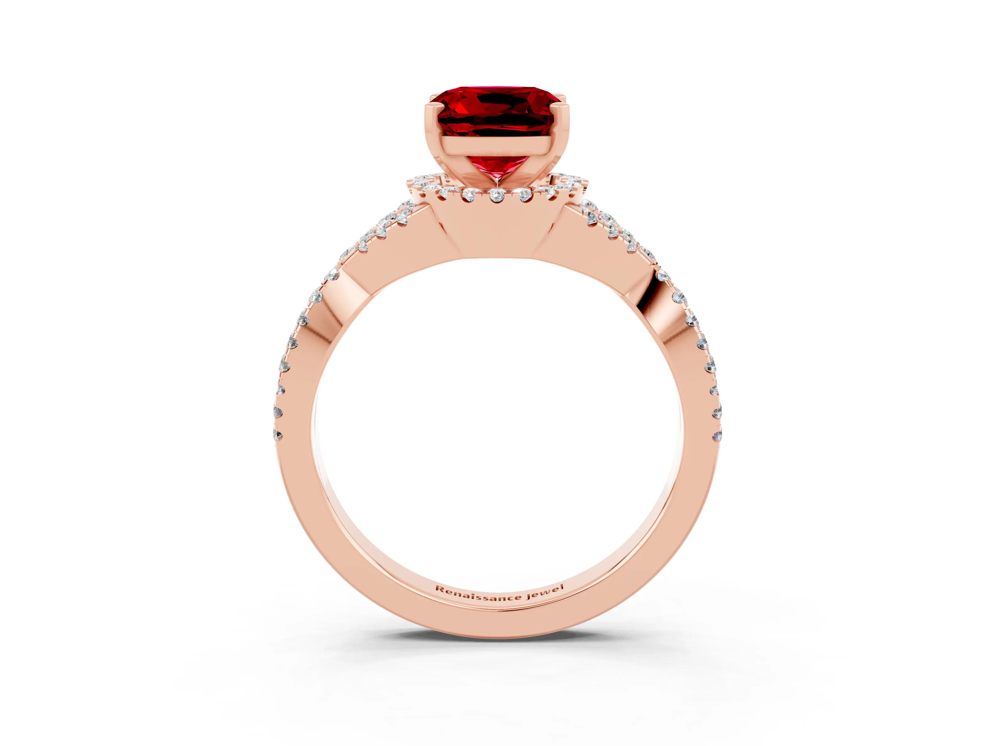Rose gold Cushion Cut Ruby Halo Twist Band Solitaire Prong Setting Ring_3