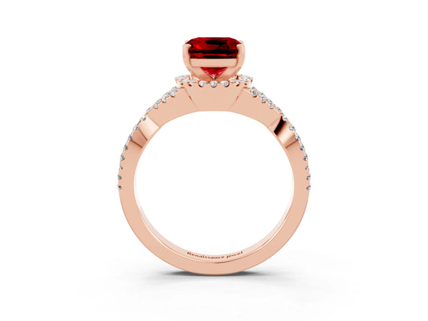 Rose gold Cushion Cut Ruby  Halo Twist Band Solitaire Prong Setting Ring