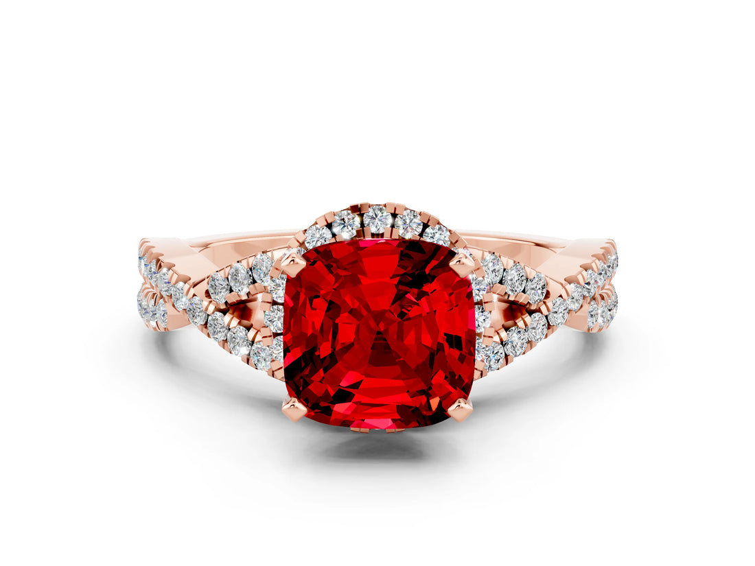 Rose gold Cushion Cut Ruby  Halo Twist Band Solitaire Prong Setting Ring_36