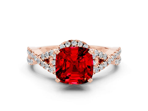 Rose gold Cushion Cut Ruby Halo Twist Band Solitaire Prong Setting Ring