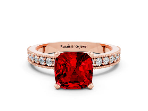 Rose gold Cushion Cut Ruby Milgrain Pavé Engagement Ring with Four-Prong Setting_12