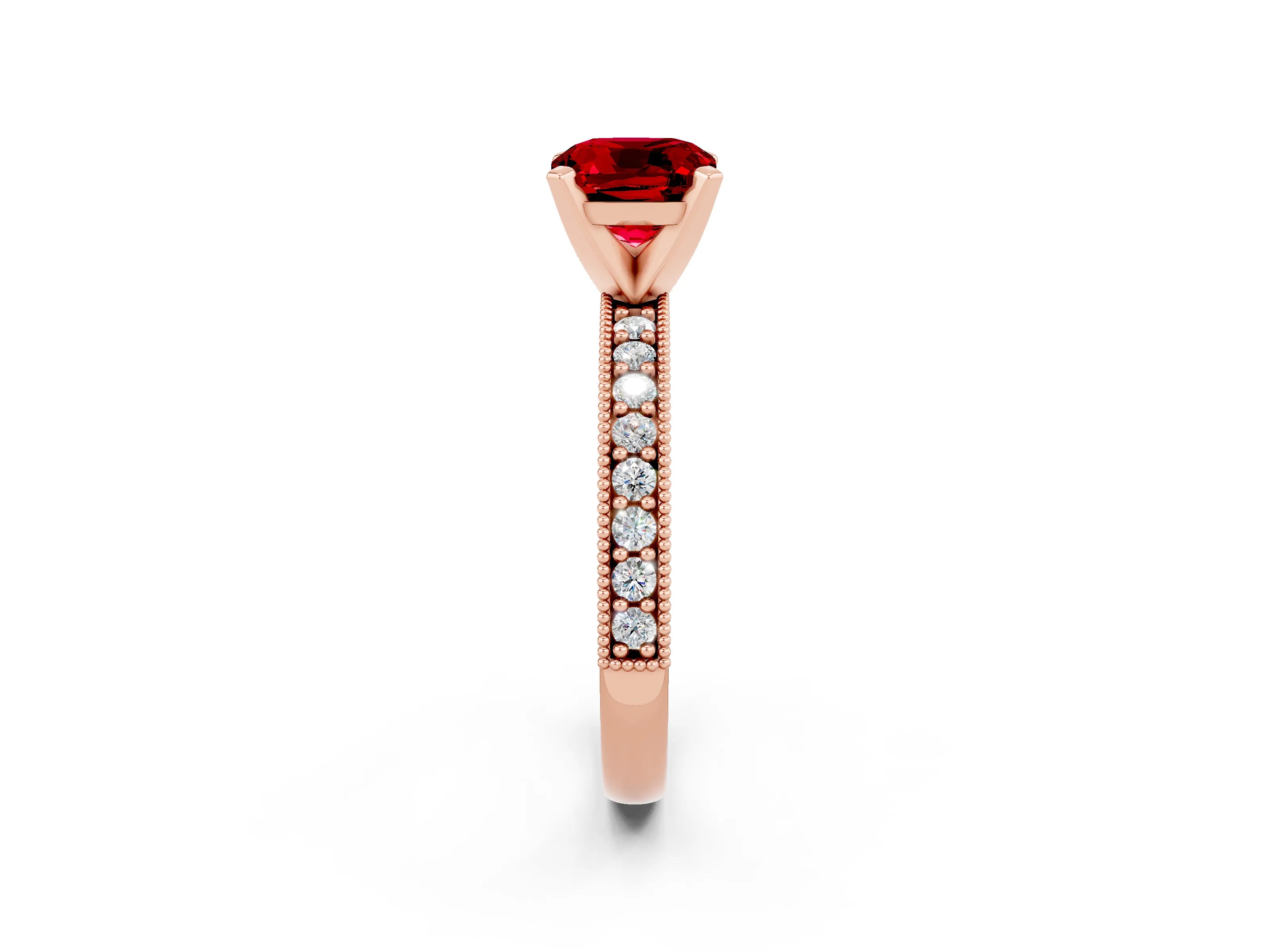 Rose gold Cushion Cut Ruby Milgrain Pavé Engagement Ring with Four-Prong Setting_14