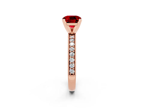Rose gold Cushion Cut Ruby Milgrain Pavé Engagement Ring with Four-Prong Setting_14