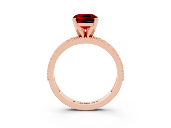 Rose gold Cushion Cut Ruby Milgrain Pavé Engagement Ring with Four-Prong Setting