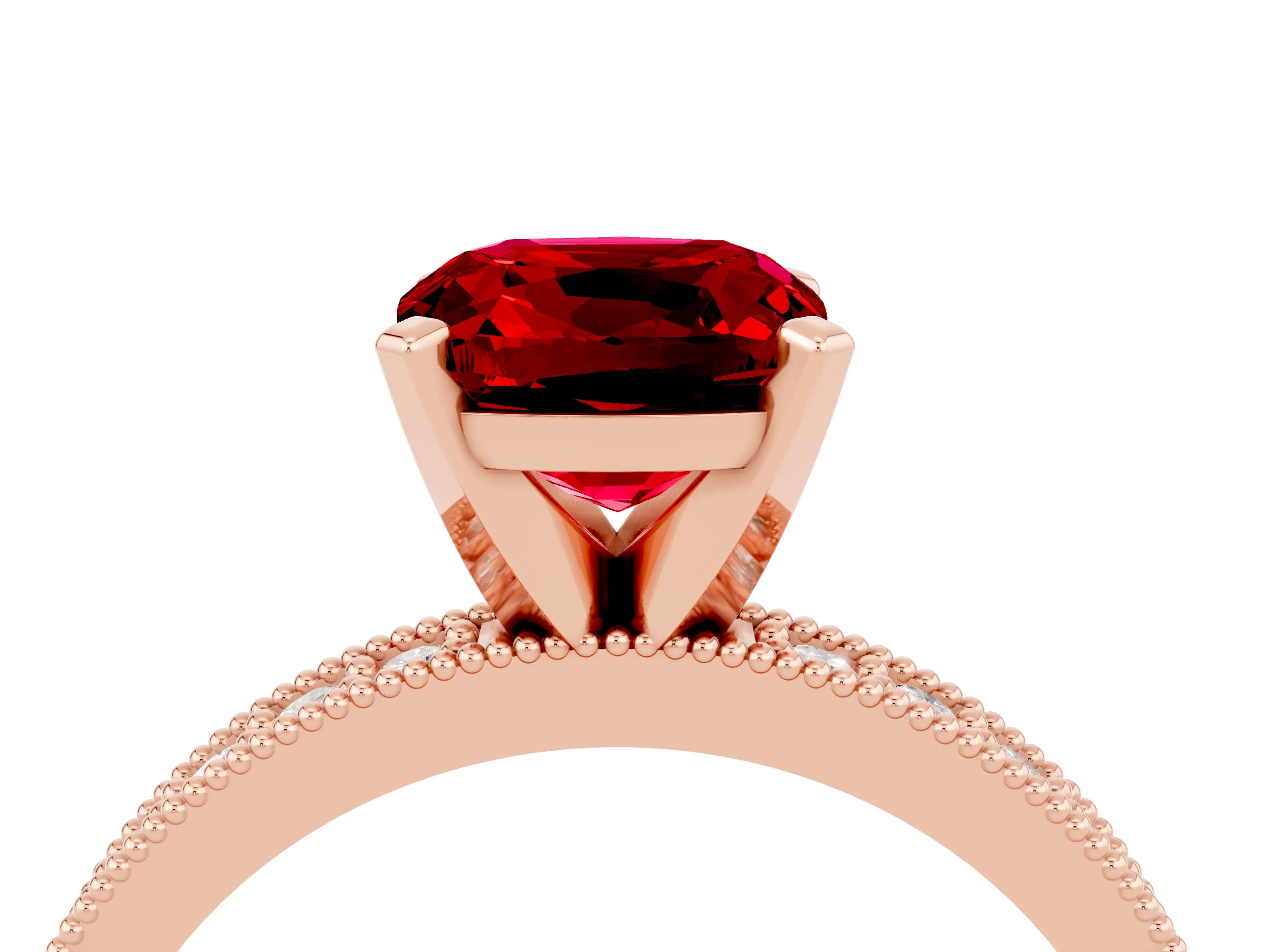 Rose gold Cushion Cut Ruby Milgrain Pavé Engagement Ring with Four-Prong Setting_16