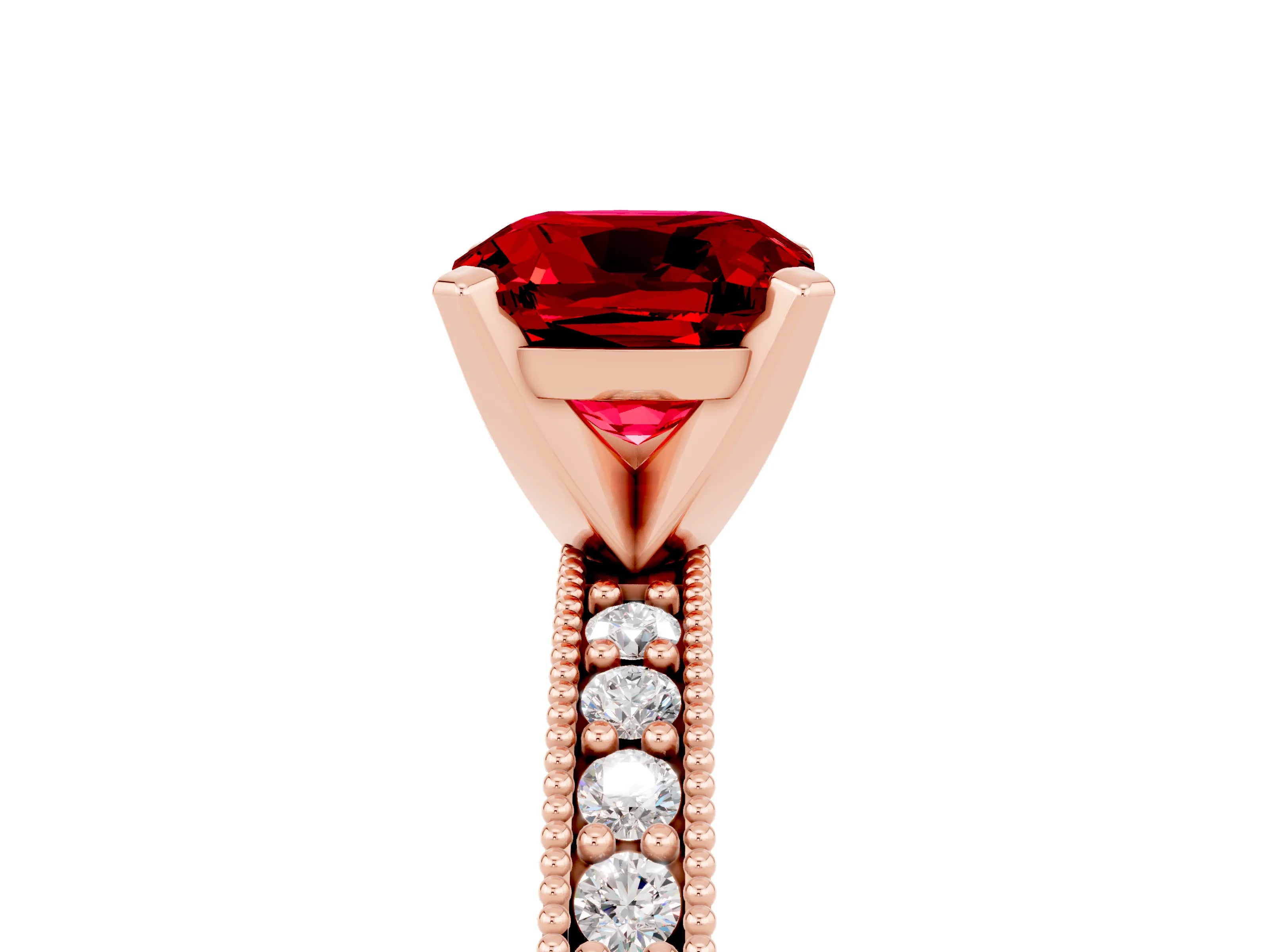 Rose gold Cushion Cut Ruby Milgrain Pavé Engagement Ring with Four-Prong Setting_17