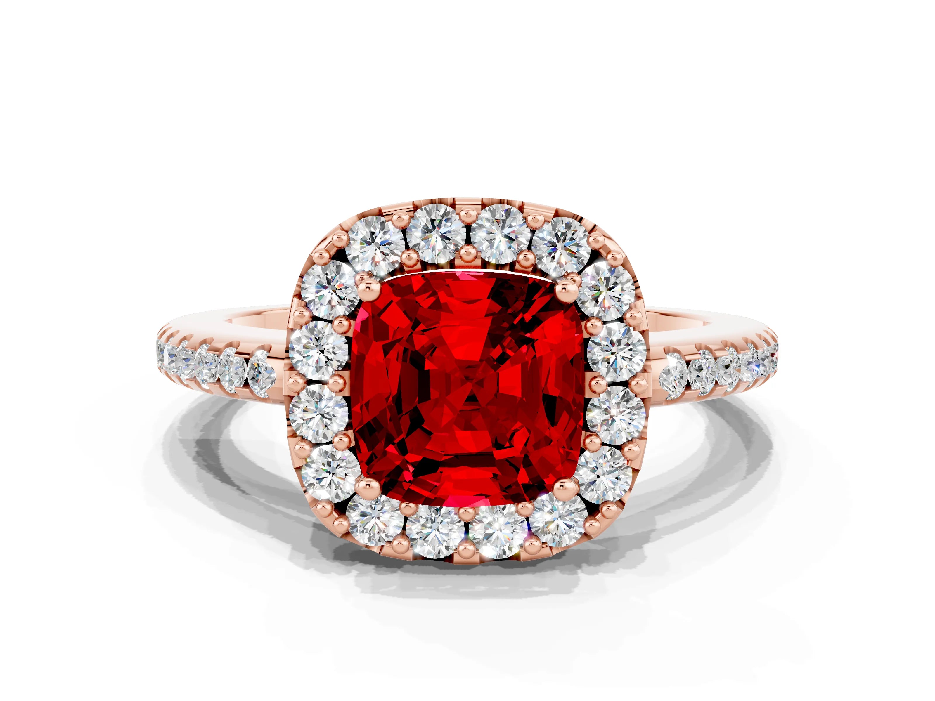 Rose gold Cushion Cut Ruby Pavé Halo Ring with Four-Prong Setting_12