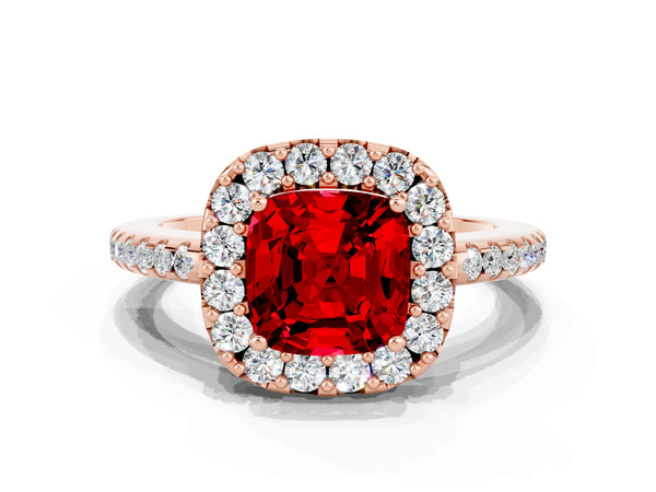 Rose gold Cushion Cut Ruby Pavé Halo Ring with Four-Prong Setting