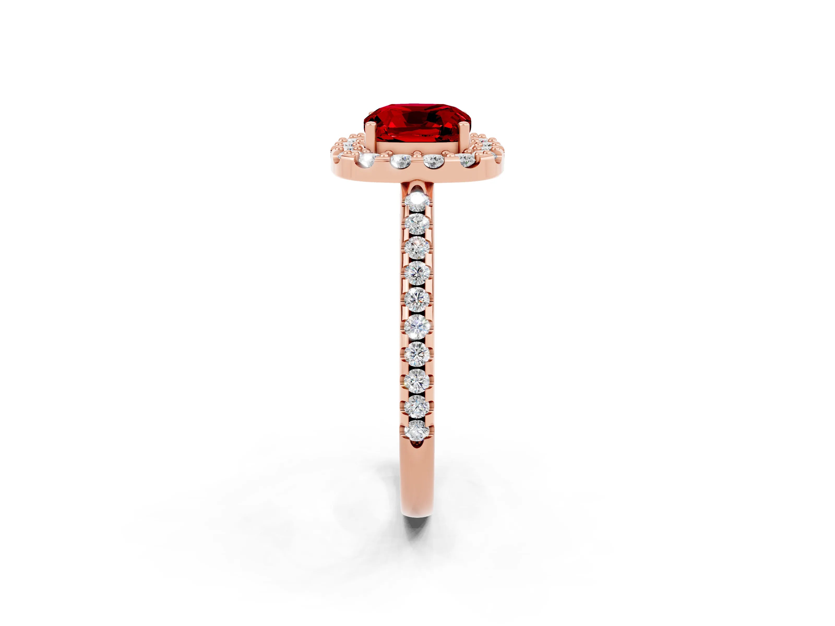 Rose gold Cushion Cut Ruby Pavé Halo Ring with Four-Prong Setting_14