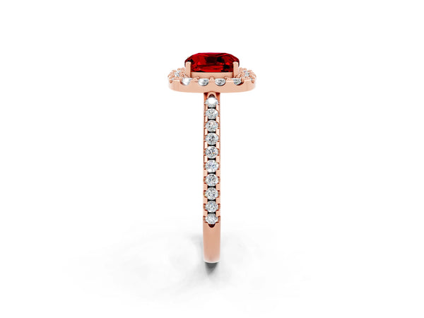 Rose gold Cushion Cut Ruby Pavé Halo Ring with Four-Prong Setting