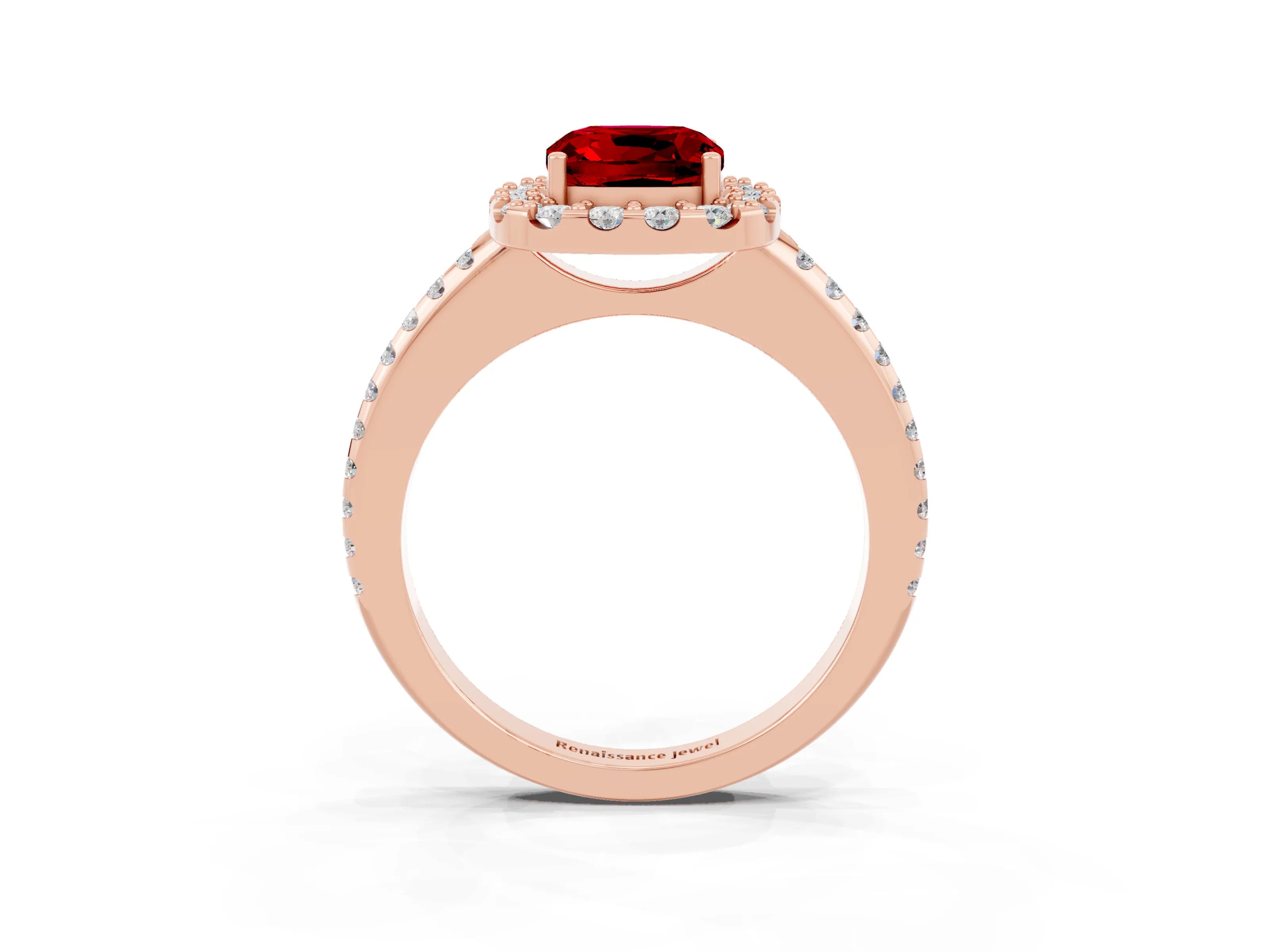 Rose gold Cushion Cut Ruby Pavé Halo Ring with Four-Prong Setting_15