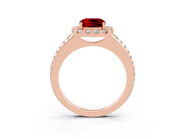 Rose gold Cushion Cut Ruby Pavé Halo Ring with Four-Prong Setting
