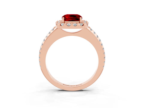 Rose gold Cushion Cut Ruby Pavé Halo Ring with Four-Prong Setting_15