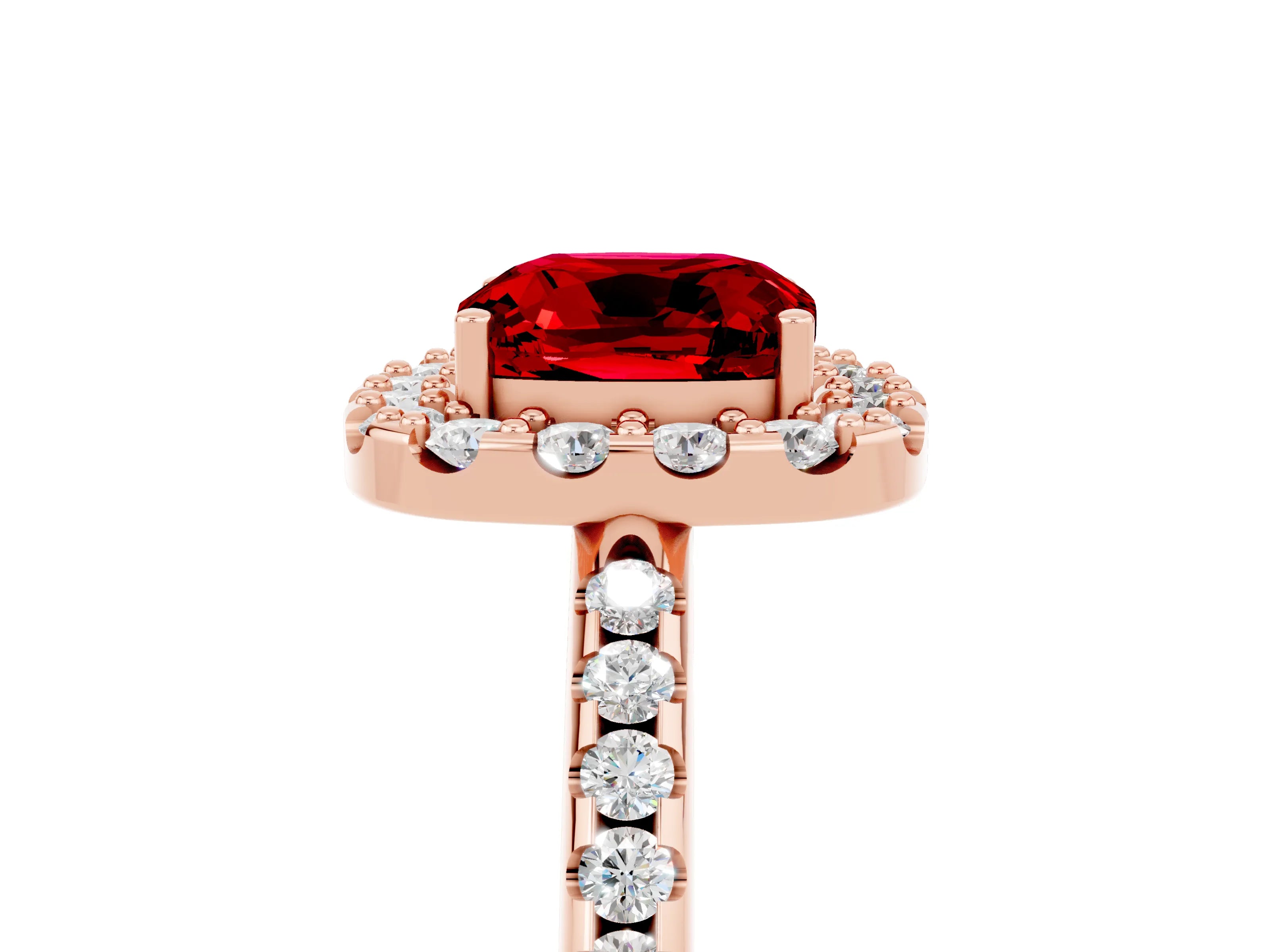 Rose gold Cushion Cut Ruby Pavé Halo Ring with Four-Prong Setting_17