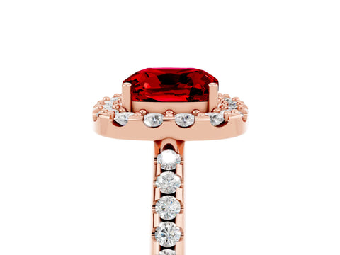 Rose gold Cushion Cut Ruby Pavé Halo Ring with Four-Prong Setting_17